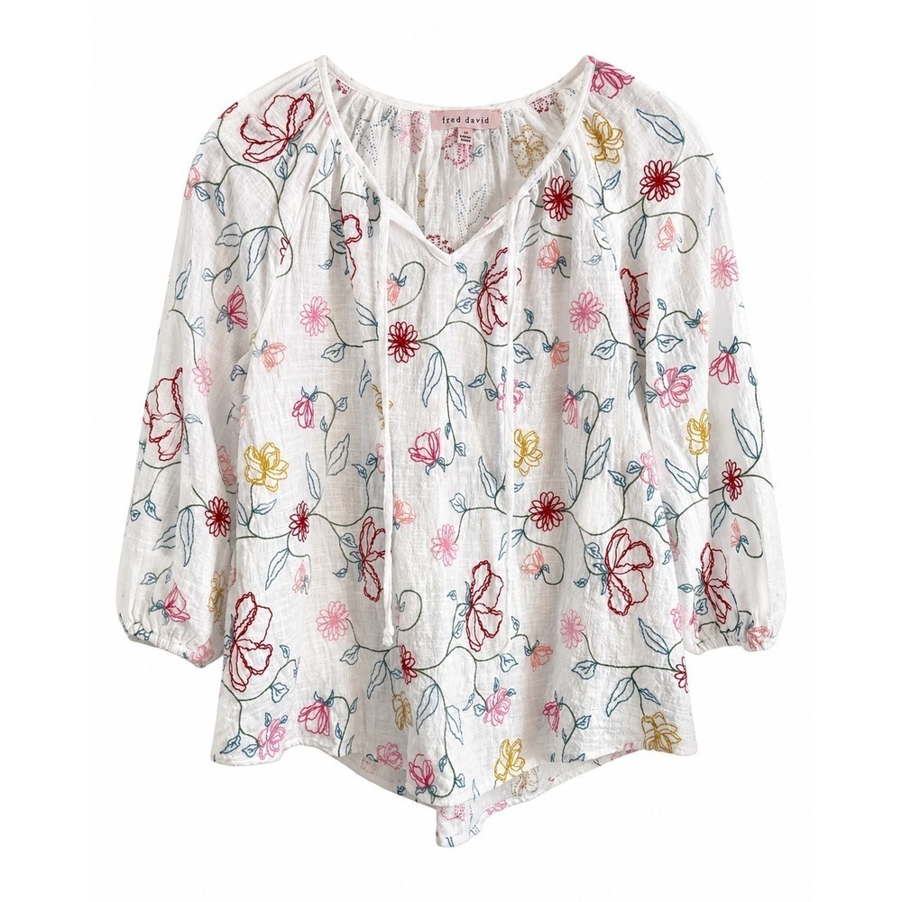 Fred David Embroidered Peasant Tunic Medium Boho Folk Cottagecore Cotton Floral